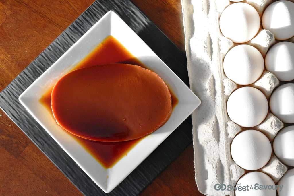 leche flan in plate with eggs