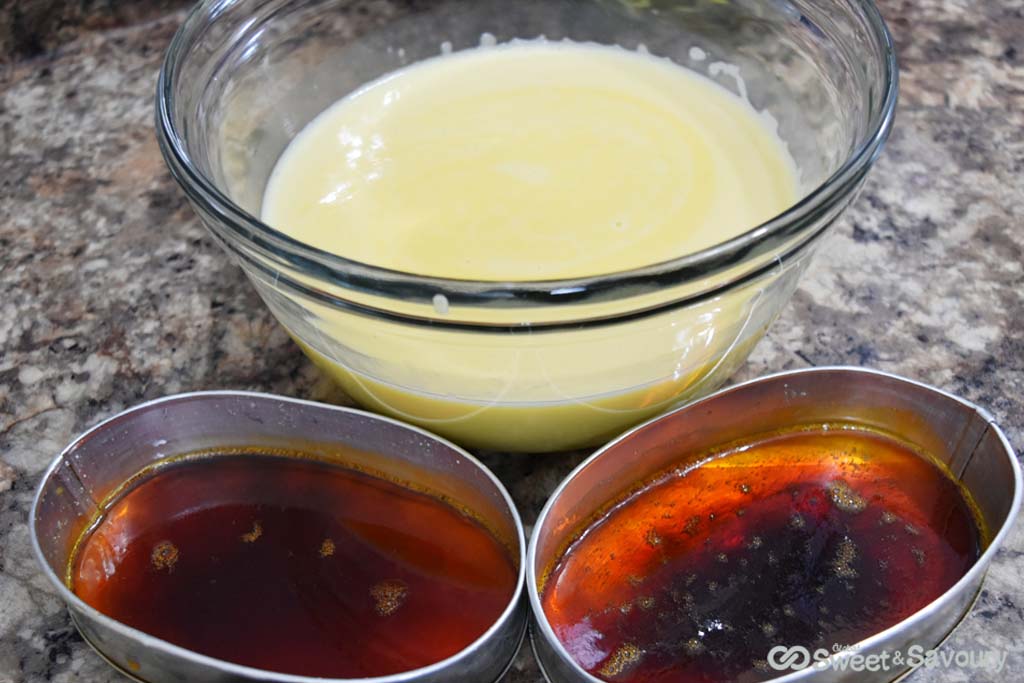 leche flan mixture and caramel molds