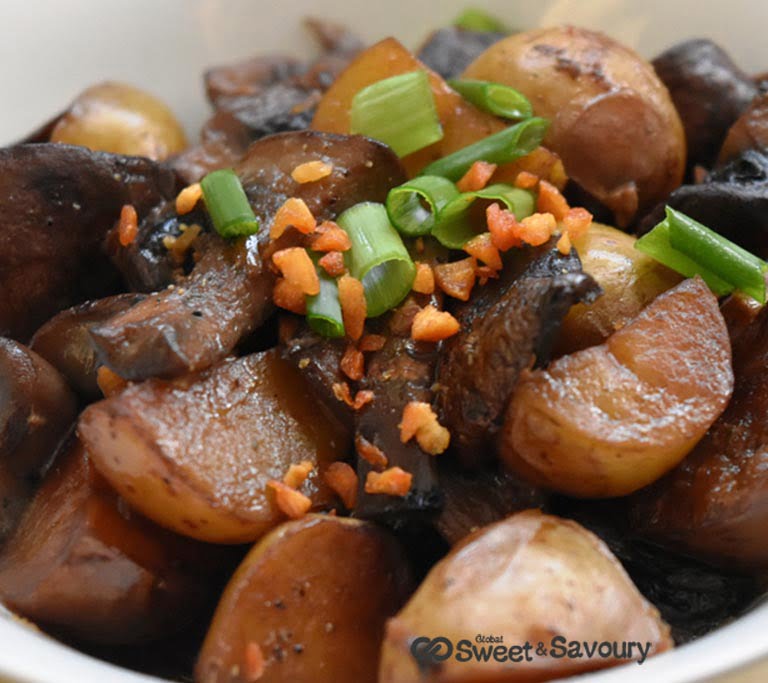 roasted potato and mushroom in creamy sauce